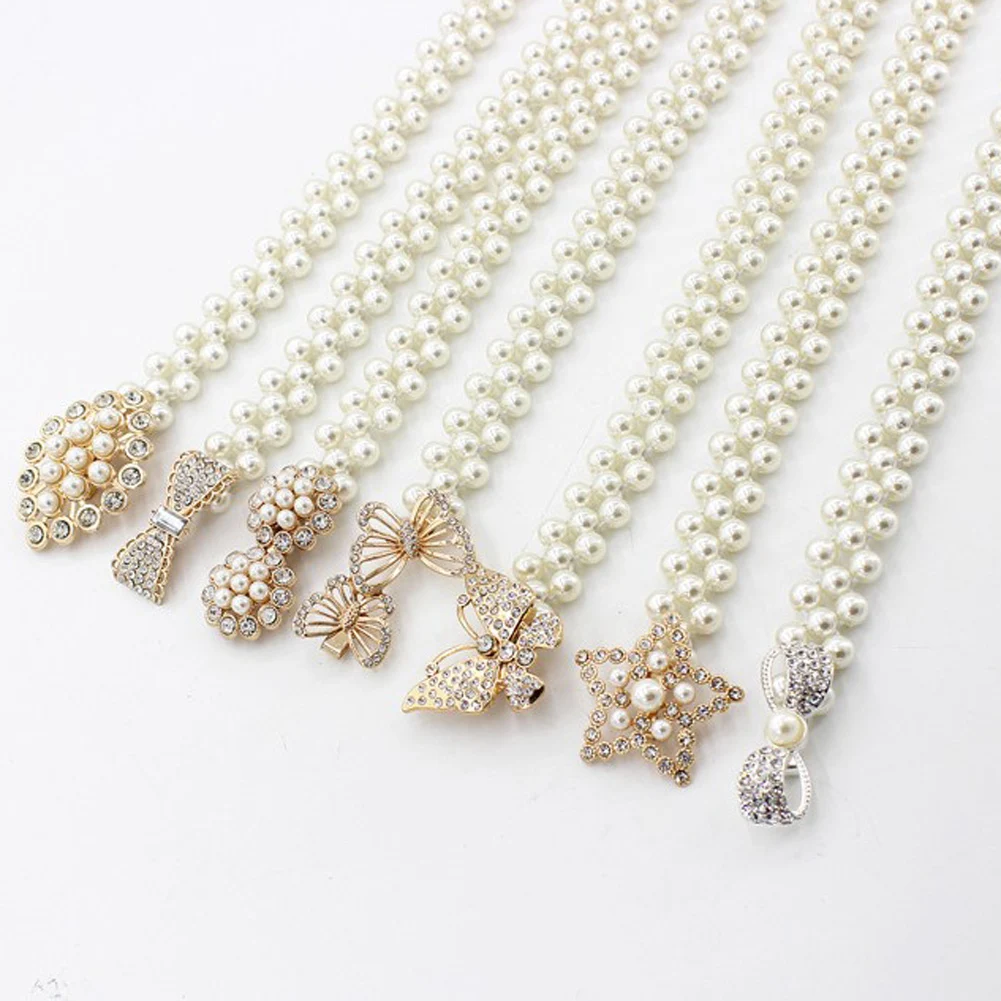 

2019 fashion Dress Crystal Strap Elegant Women Pearl Belt Waist Belt Elastic Buckle Pearl Chain Belt Female Girls