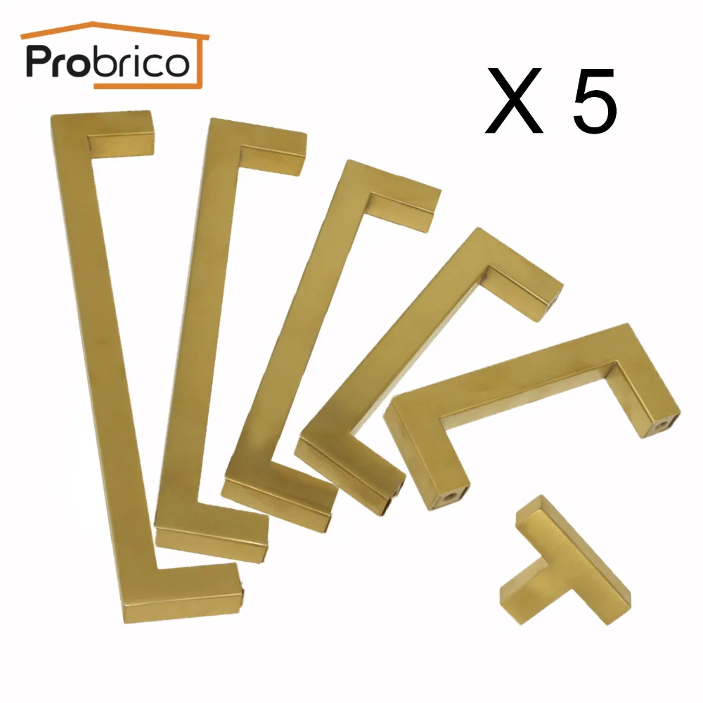 

Probrico Golden Brass Cabinet Pulls Kitchen Dresser Handles Closet Cupboard Knobs 5 Pack Stainless Steel Square Hardware 12mm
