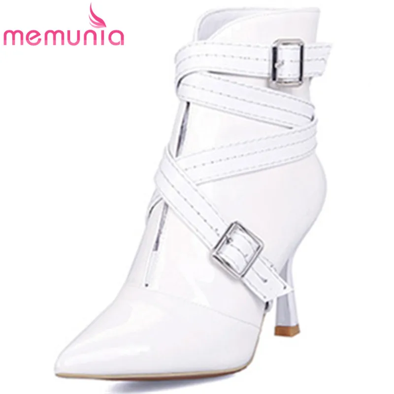 

MEMUNIA 2018 new arrival boots buckle pointed toe patent leather boots white black solid ankle boots women shoes high heel