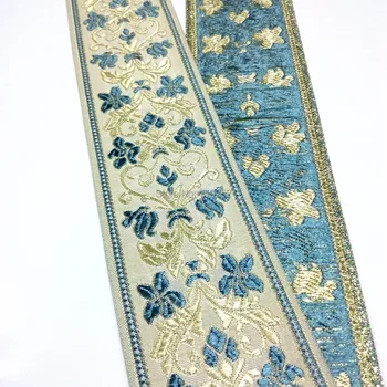 

84cm Long 6cm 62mm 2-1/2' Floral Lake Blue Light Golden Mercerizing Elegant Curtain Laciness National Jacquard Ribbon Embroidery