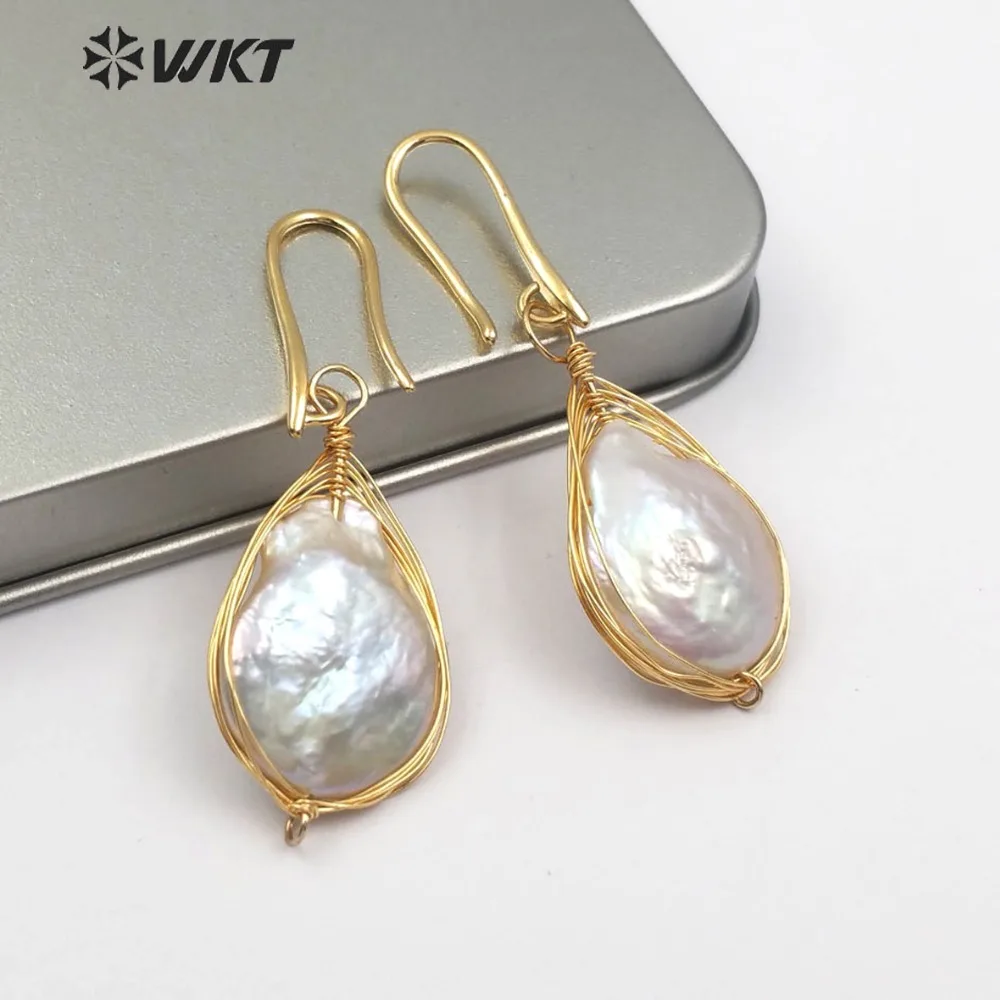 WT-E483 Unique Design Natural Freshwater Pearl Earring Teardrop Shape Pearl With Wire Warrped Women Dainty Pearl Jewelry