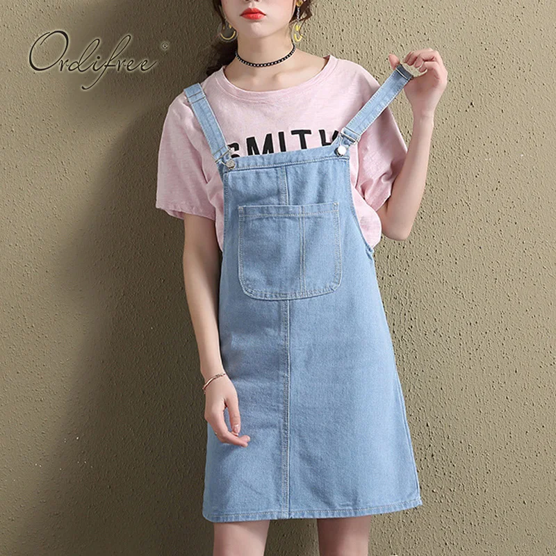 

Ordifree 2019 Summer Women Denim Dress Sundress Overalls Blue Plus Size Casual Female Jeans Dress