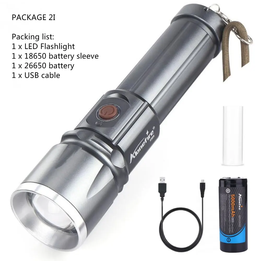 AloneFire X900 CREE XML T6 светодиодный фонарь Zaklamp алюминиевый фонарь с зумом водонепроницаемый фонарь hike 26650 аккумулятор USB зарядка - Испускаемый цвет: Package 2I