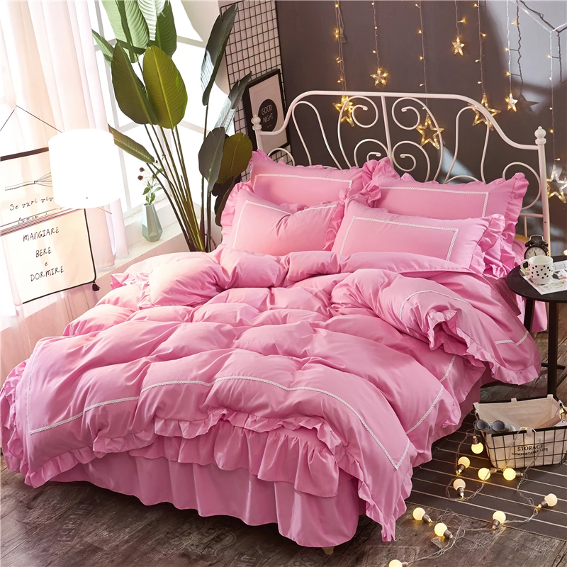 buy Romance lace 4pcs Bedding Set Full Queen King Size Bedspread Wedding Pink Lace Duvet Cover Pillowcase girl princess bedclothes