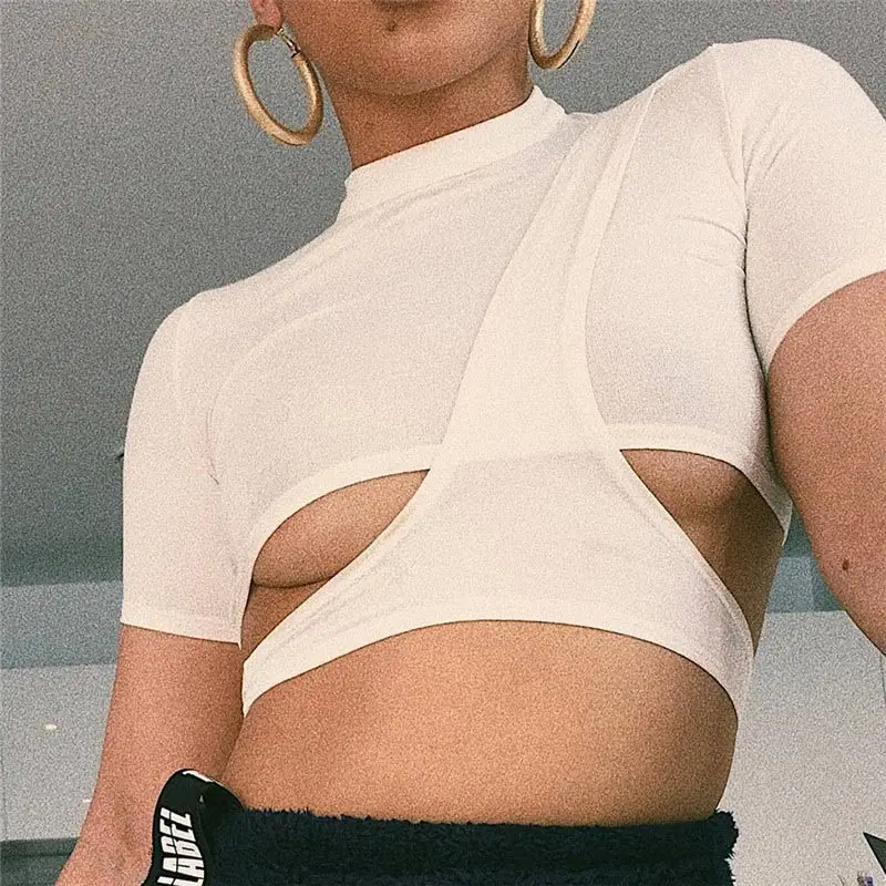 

Black White O-neck Short Sleeve T-shirt Crop Tops Hollow Out Irregular Womens Tees 2019 Spring Summer Fittness Casual T-shirts