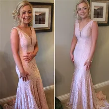 Vintage Rosa Perlen Meerjungfrau Abendkleider Sexy V-ausschnitt Backless Spitze Formales Abend-abschlussball-kleider Günstige Langes Kleid Für Frauen