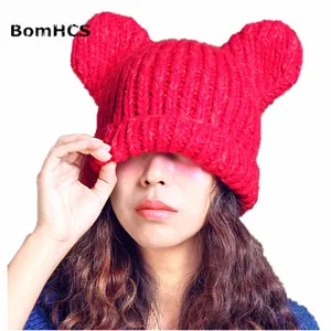 BomHCS 100% Handmade Winter Warm Thick Beanie Big Cat Ears Knitted Hat Caps