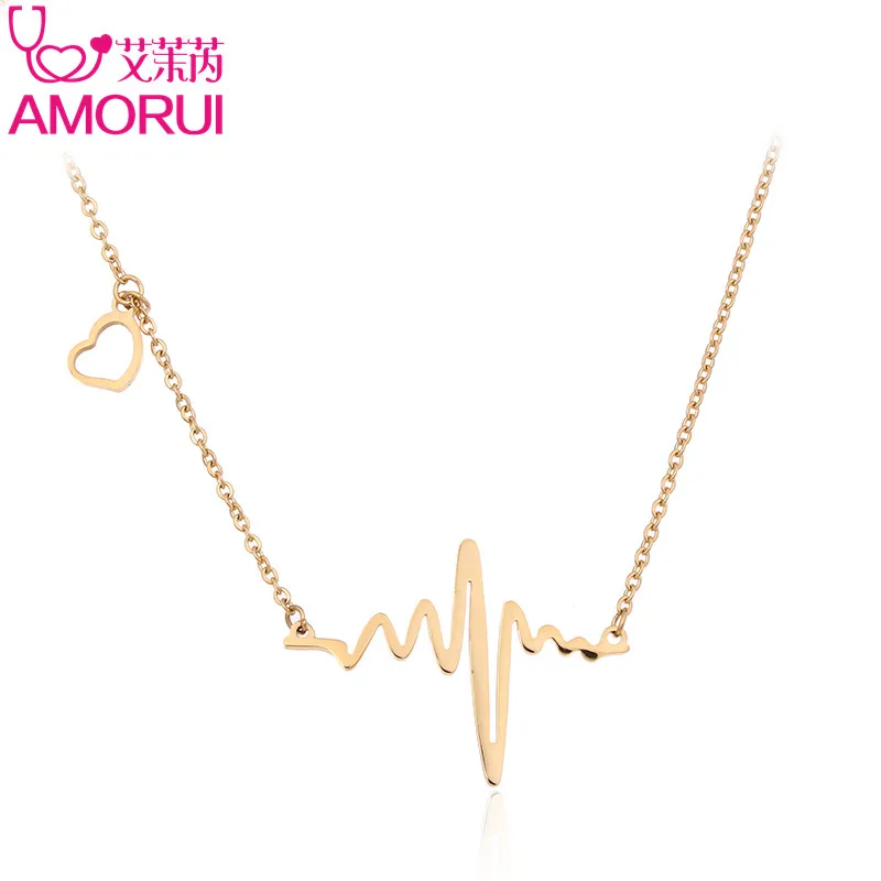AMORUI Fashion Heartbeat Pendant Chain Necklace Women Rose Gold/Gold/Silver Color Choker Stainless Steel Necklaces Jewelry 30Pcs