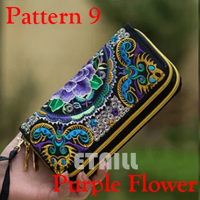 Двойная молния национальный Бохо индийский тайский вышитый кошелек клатч цветочный длинный дизайн холст национальный тренд кошелек держатель для карт - Цвет: Pattern 9 Blue