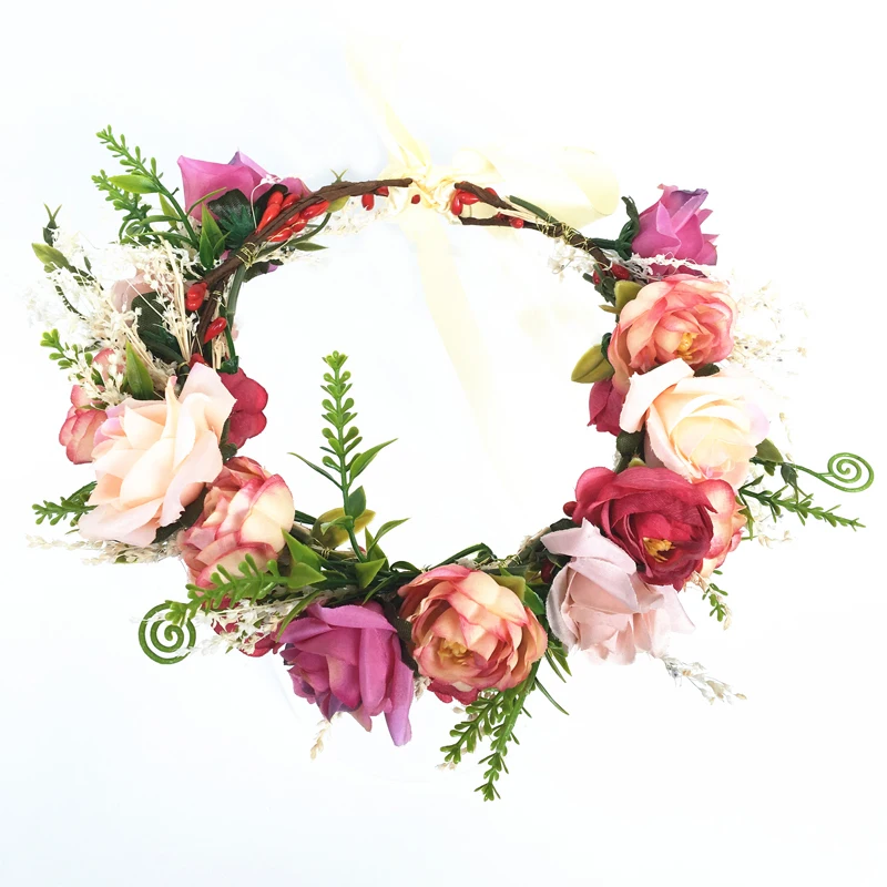 

Spring Rose Flower Headband Wreath Kids Party Floral Garlands Adjustable Festival Flower Crown Women Wedding hair accessories