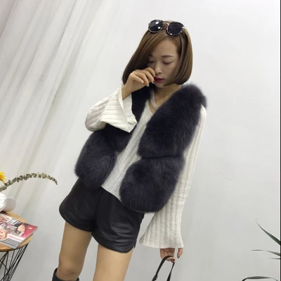 dark grey Жилет из лисьего меха женский зимний розовый/хаки/кофейный/черный/бежевый/зеленый/серый натуральный Лисий Мех короткая жилетка пальто - Цвет: dark grey