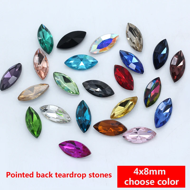 

50p 4x8mm navette color faceted Crystal Glass diamante Rhinestones pointed foiled back Nail Art Decoration for jewelry craft DIY