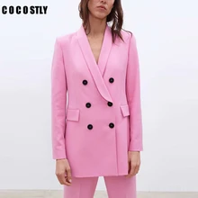 Женский розовый пиджак, деловой Блейзер, двубортный Женский блейзер с карманами, офисный деловой костюм, верхняя одежда