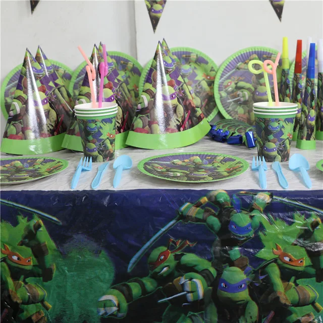 Chaude Ninja Tortue D Anniversaire Party Set Enfants Faveurs Papier Plaques Tasses Vaisselle De Paille Cap Nappe Partie Set Decor Pour 12 Personnes Aliexpress