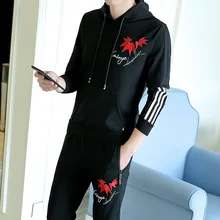 Новое поступление, модная мужская одежда, комплекты из 2 предметов, худи с вышивкой в виде листьев+ штаны, спортивный костюм, мужская спортивная одежда, мужские спортивные костюмы