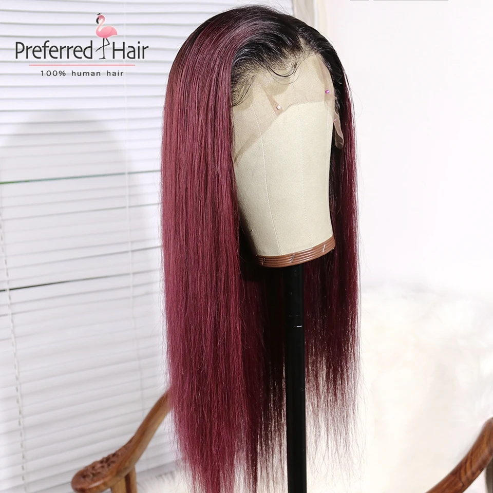 Preferred 1B/99J Burgundy Lace Front Wig With Baby Hair Straight 13x6 Ombre Human Hair Wig Remy Brazilian Wigs For Black Women