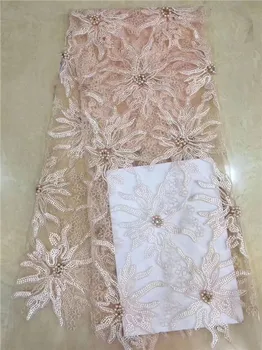 

Elegant party French tulle lace cloth embroidery net lace fabric with beads for making dress PDN62(5yards/lot)