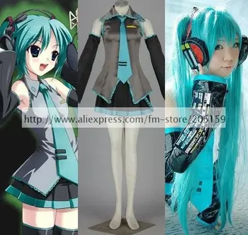 

Anime Vocaloid Cosplay Hatsune Miku Costume With Ponytails Wig Set Sleeveless Women Clothing For Halloween With Tie