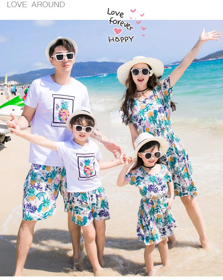 Family Matching Clothing Bohemian Pineapple Printed Mother Daughter Dress Dad Son Boys Tshirts And Shorts 9