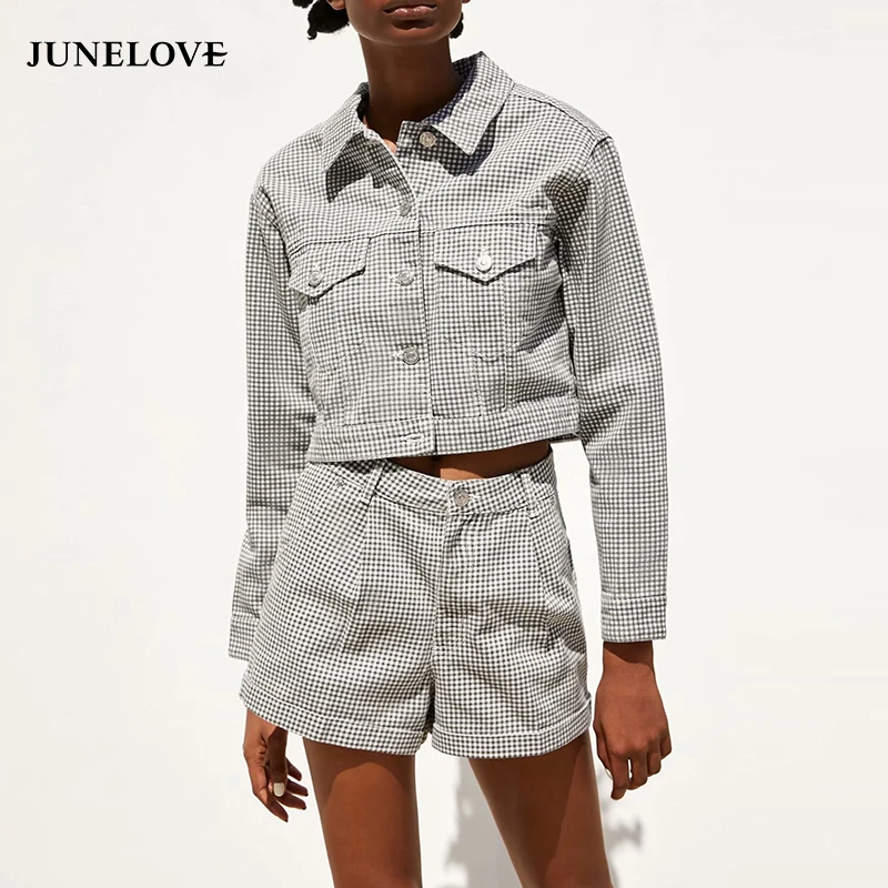 

JuneLove Women Long Sleeve Loose Jacket Vintage Plaid Female Sets Lady Suits Street Wear Single Breasted Outwears Shorts Bottoms