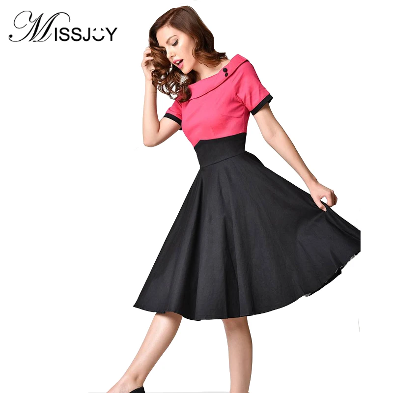 Online MISSJOY 2019 Delle Donne Dell annata di Alta della vita di estate Spille up Slash Collo Button Manica Corta Rockabilly Skater Swing party 50s retro Vestito