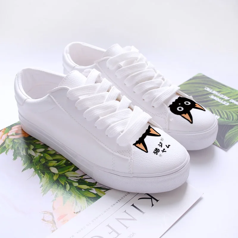 Breathable Cat Print White Shoes Woman Summer 2018 Lace up Casual Shoes Women Flat Hand Painted Trainers Ladies dagnino women flat lace up breathable trainers casual walking shoes all match white canvas shoes print woman sneakers footwear