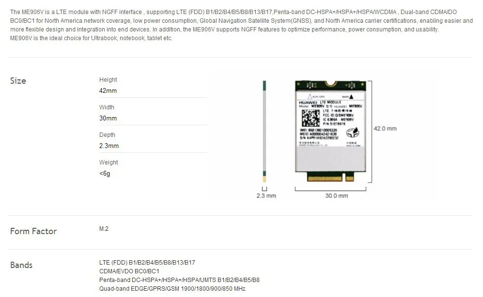 Huawei ME906V с NGFF интерфейсом, поддерживающим LTE(FDD) B1/B2/B4/B5/B8/B13/B17 пятидиапазонный DC-HSPA+/двухдиапазонный CDMA/EVDO BC0/BC1