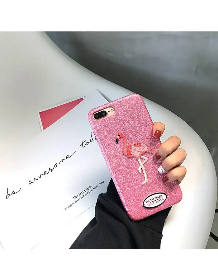 embroidery flamingo glitter sequins phone case for iPhone 6 6s 7 Plus (5)_