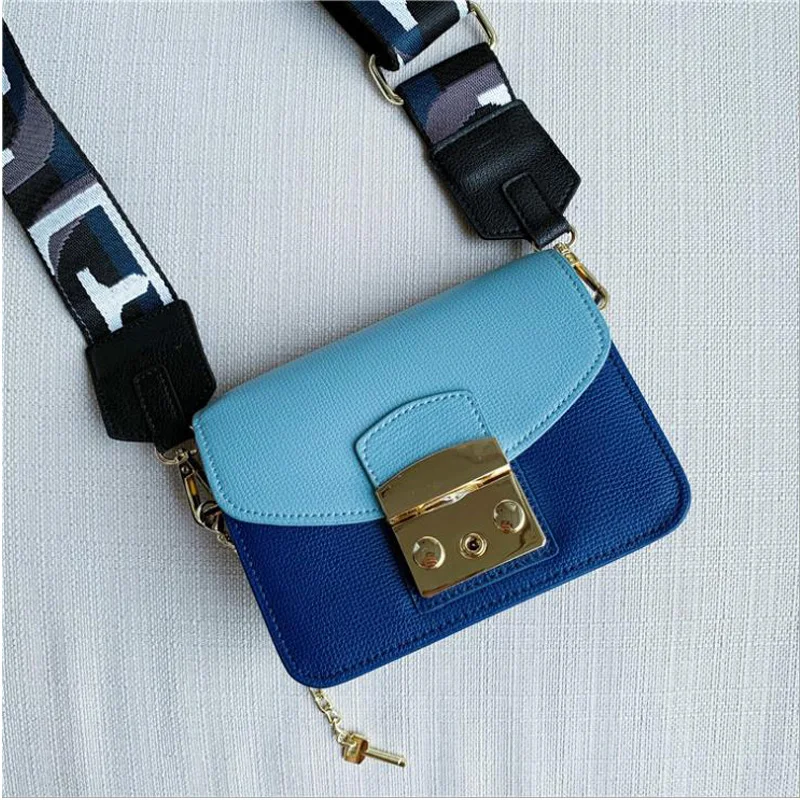 

Women Messenger Bag Genuine Leather Small Wide Strap Patchwork Color Female Shoulder Bag Brand Designer Girls Sac Phone Bolsa