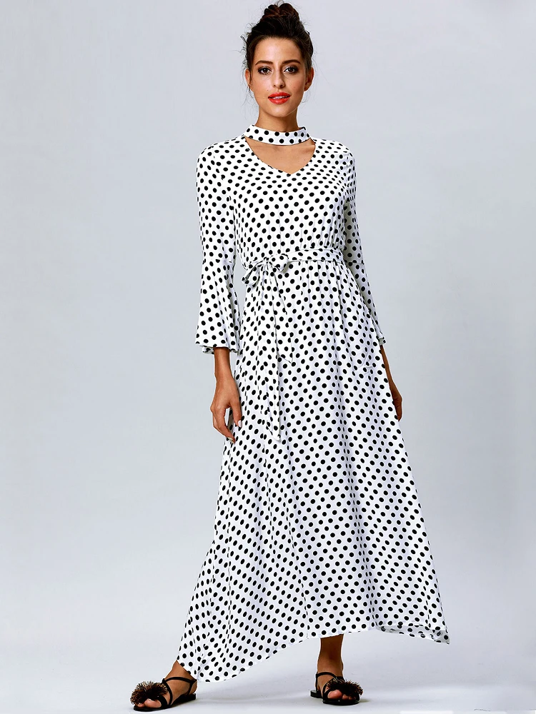 

Muslim Dress Women Polka Dot Abaya Kaftan Turkish Long Cocktail Dress Robe Halter V Neck Belt Spring Summer Traval Beach Date