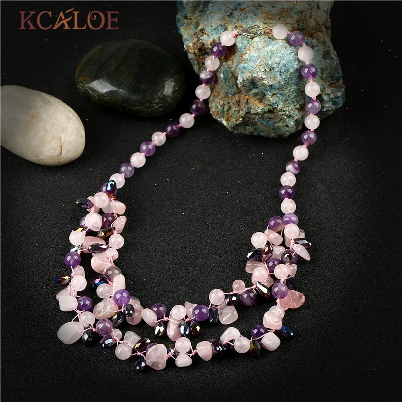 

KCALOE Irregular Natural Stone Women Necklace Pink Quartz Purple Crystal Layered Necklaces Pendants Collier Femme Collares