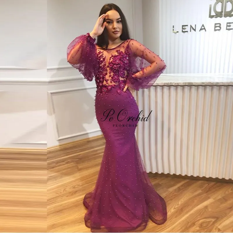 pic color PEORCHID сетчатые Длинные рукава фиолетовое вечернее платье официальная одежда для женщин новые 3D Цветы Цветочные Русалка платья на выпускной откровенные жемчужины - Цвет: pic color