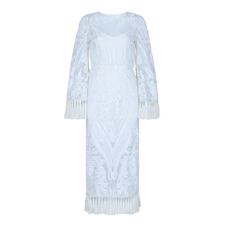 DressBird женское осенне-зимнее облегающее платье с длинным рукавом Vestidos элегантное кружевное Макси белое платье с кисточками вечерние платья знаменитостей Vestidos