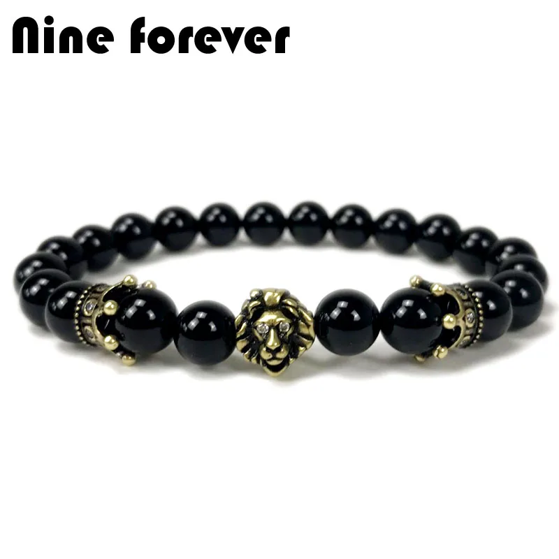

Nine forever retro vintage lion crown charm bracelets for women natural stone beads bracelet men jewelry pulseira masculina