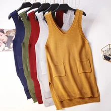 Для женщин вязаный жилет пальто осень-зима V шеи свободные пуловеры свитер жилет куртка без рукавов топы Женский Длинный жилет 1519