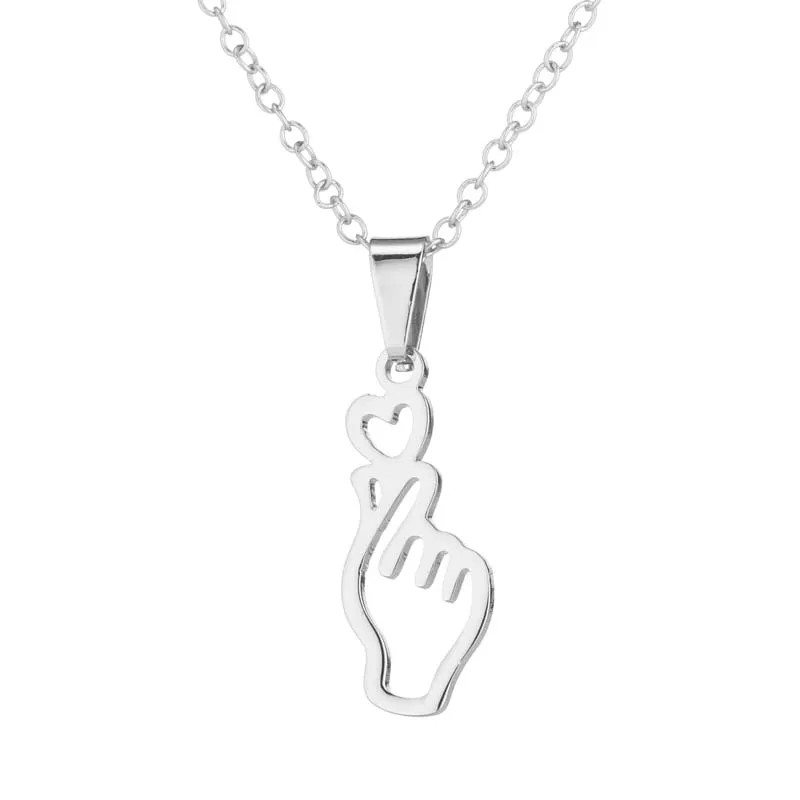 Korean Fashion Finger Heart Earrings Hand Necklace Pendant Women Stainless Steel Jewelry Set
