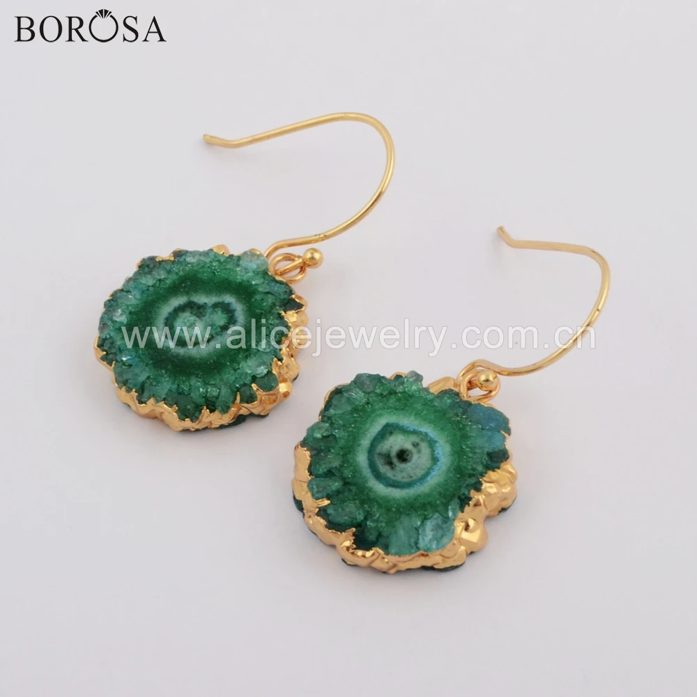 

BOROSA 5Pairs Gold Plating Natural Solar Quartz Sun Flower Stone Druzy Titanium Rainbow Drop Earrings for Gilrs As Gift G1739