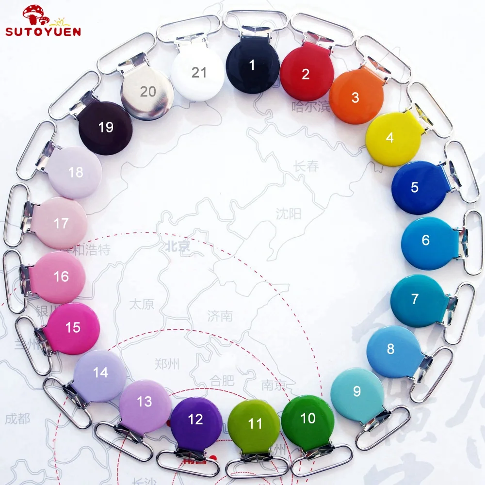 

200pc 1'' 25mm 21 Colors Metal Round Pacifier Clips Baby Dummy Soother Holder Garment Assorted Suspender Clip Plastic tooth clip