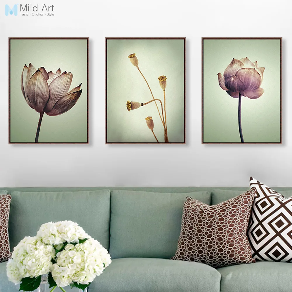 

Triptych Minimalist Purple Lotus Flower Floral Cottage Art Prints Poster Nature Wall Picture Canvas Painting Home Decor No Frame