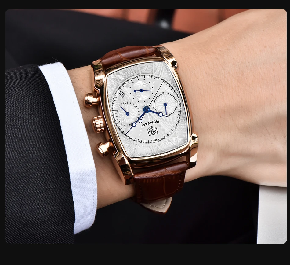 BENYAR, классический прямоугольный чехол, модные спортивные мужские часы с хронографом, водонепроницаемые, 30 м, ремешок из натуральной кожи, Роскошные Кварцевые часы
