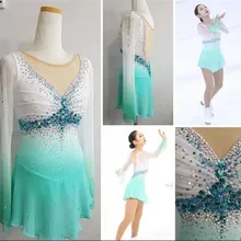 Платье для фигурного катания женское платье для фигурного катания для девочек конкурентоспособная одежда для выступлений круглый вырез длинный рукав белый светло-голубой