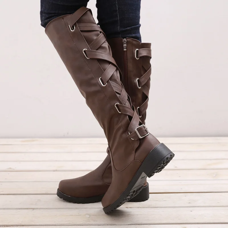 DORATASIA/Новые модные однотонные туфли на широком каблуке средней высоты с ремешком и пряжкой женские повседневные Демисезонные ботинки до середины икры Большие размеры 35-43 - Цвет: dark brown