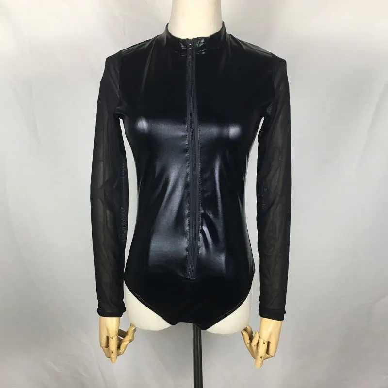 Sexy Zipper Latex Wetlook Mesh Catsuit Gothic Faux Leather Bodysuit Women PVC Pole Dance Nightclub Costume Oversized VKJU1084 Jumpsuits and Playsuits