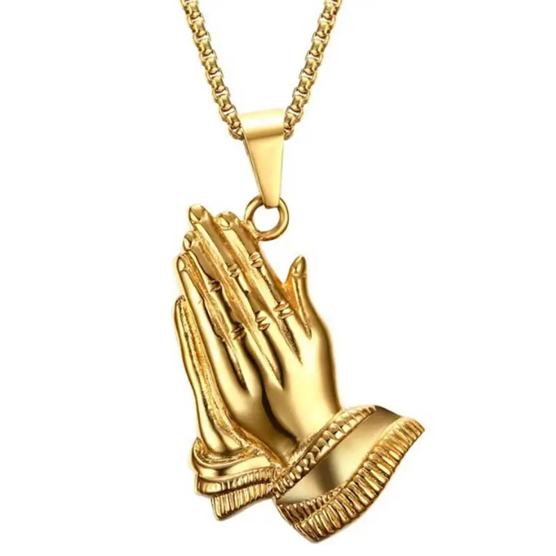 Christian Jewelry Prayer Hands Pendant Gold Color Stainless Steel Big