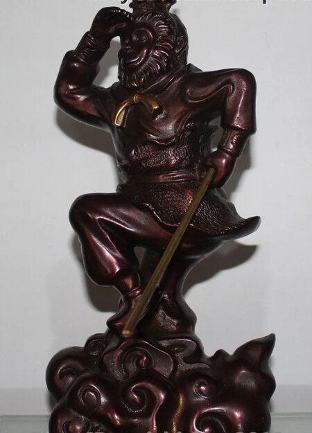 

shitou 002801 9"Folk Chinese Red Bronze Copper Stand Dark Clouds Sun Wukong Monkey King Statue