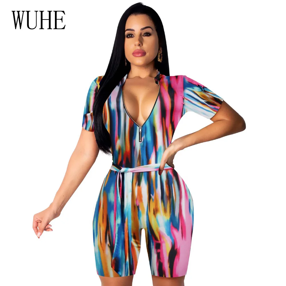 

WUHE Summer Casual Print Women Sexy Jumpsuit Deep Zipper V Neck Short Sleeve Romper Night Club Party Playsuits Casual Bodysuits