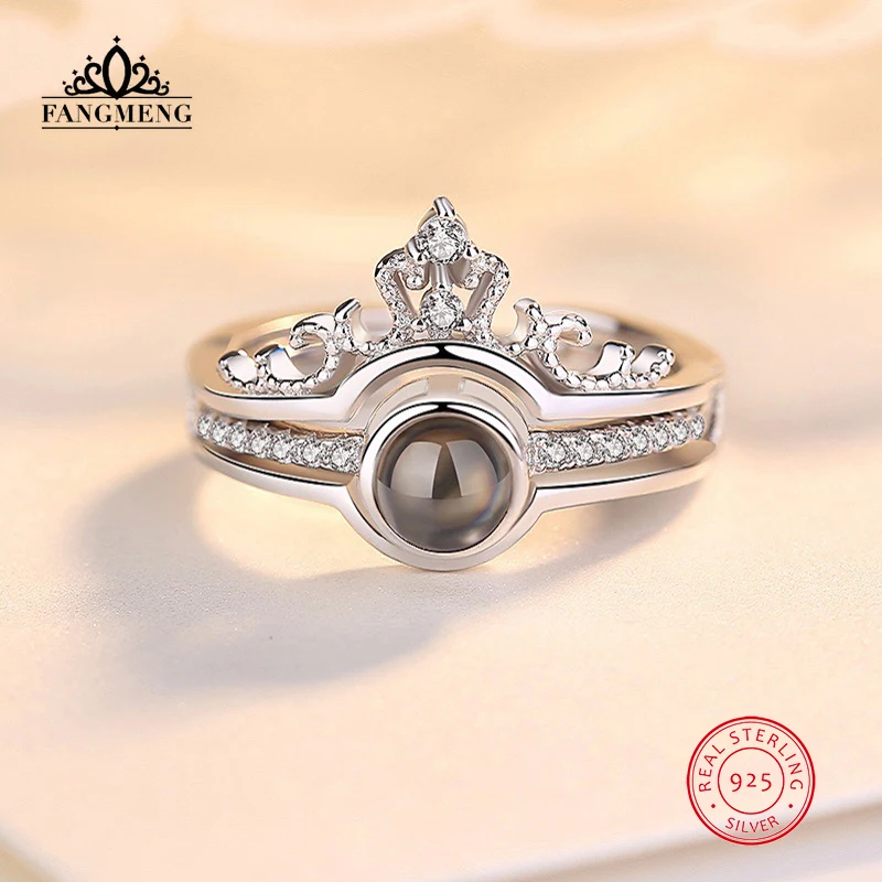 

fangmeng 100 Languages I Love You Memory Crown Couple Rings Rose Gold Engagement Wedding Ring Set 925 Sterling Silver For Women