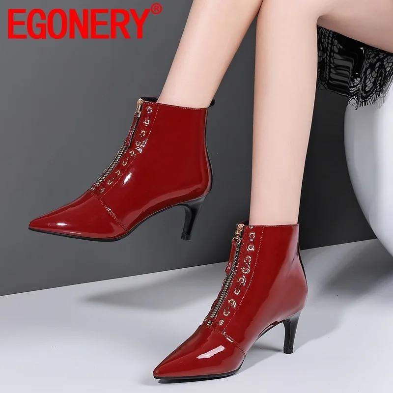 

EGONERY woman shoes winter new fashion sexy pointed toe ankle boots outside high heels front zip plus size shoes drop shipping