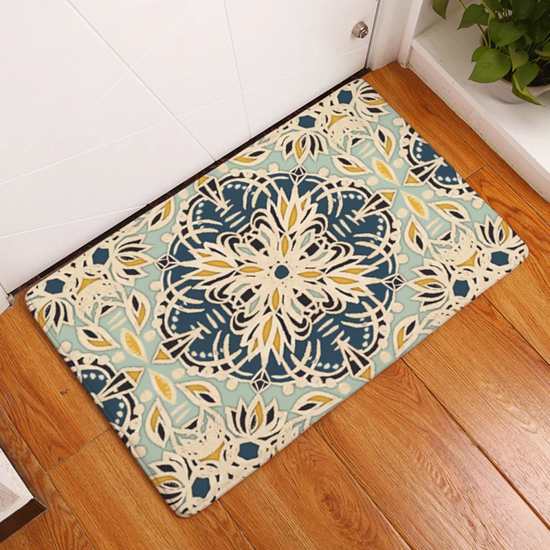 HomeMiYN Bath Mat Yellow Blue Kaleidoscope Geometric Symmetrical