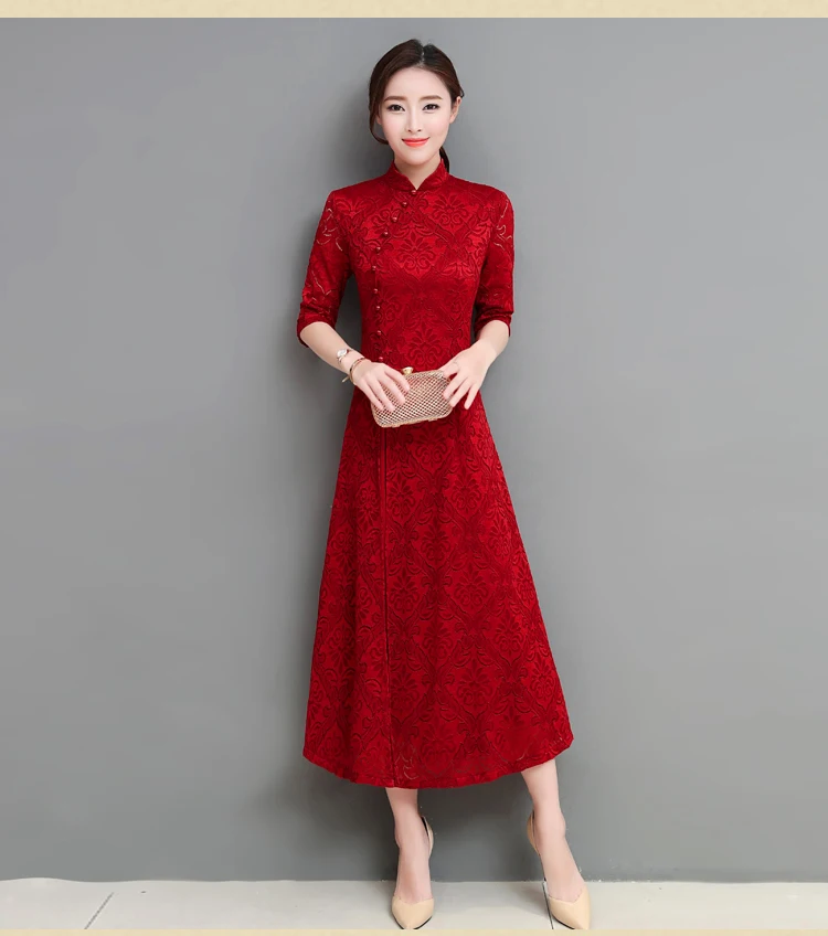 Летнее кружевное платье ретро темперамент тонкое средней длины платье улучшенное Cheongsam большой размер S-3XL Высокое качество платье
